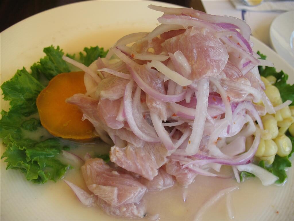 A plate of Peruvian ceviche, raw white fish in lime juice with sliced red onion, corn kernels, sweet potato and lettuce