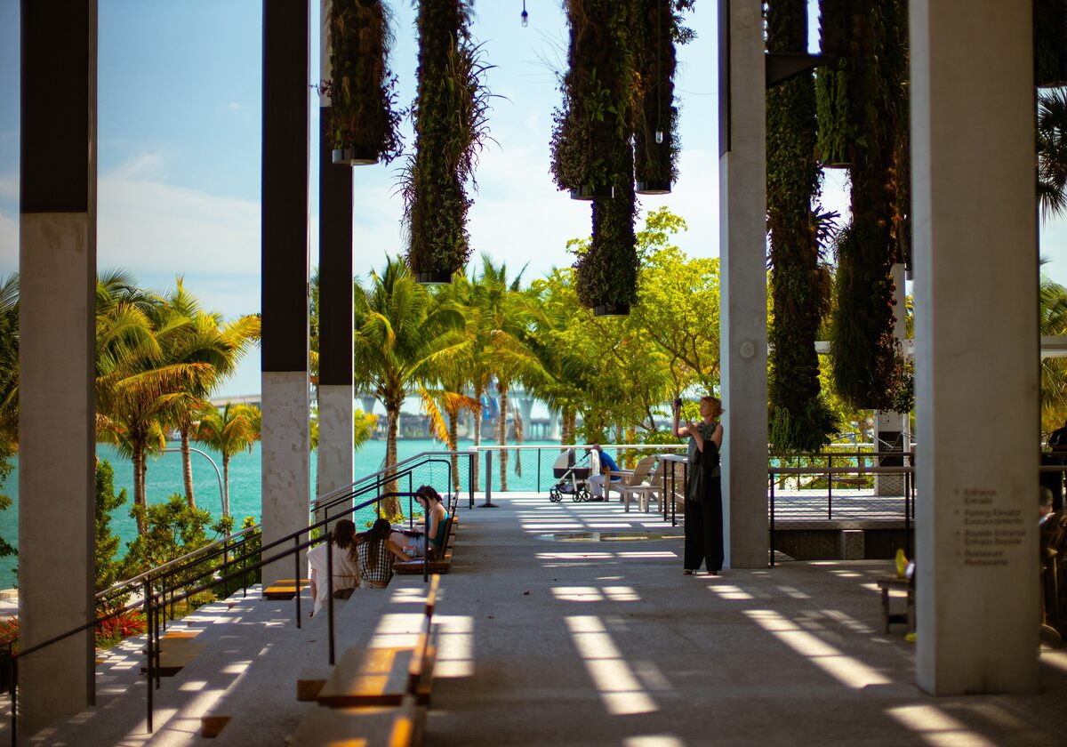The shaded terrace of the Pérez Art Museum Miami, with hanging gardens on the columns and Biscayne Bay turquoise beyond the railing