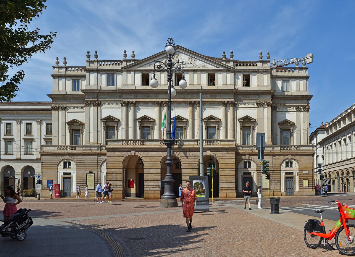 The neoclassical facade of La Scala on its square