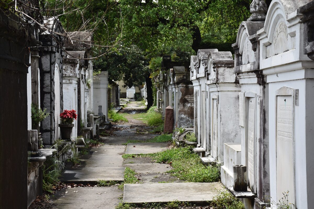 A narrow path between rows of above-ground whitewashed tombs under oak trees in Lafayette Cemetery No. 1