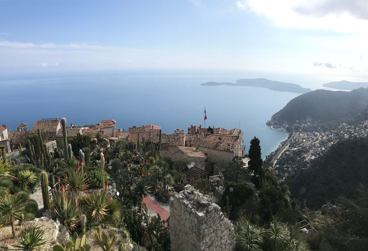 Cacti and succulents in the Jardin Exotique on top of Èze, with the stone village below and the coast and Cap Ferrat behind
