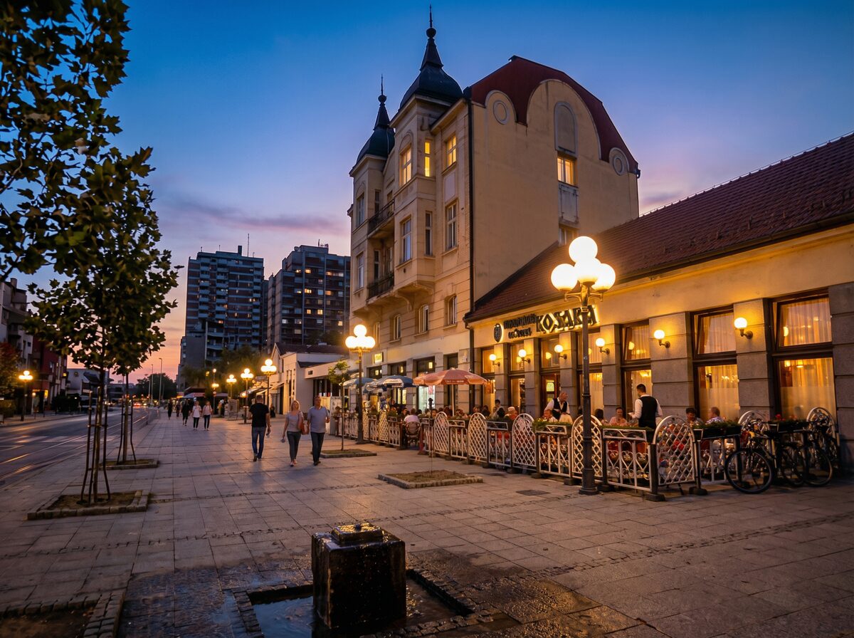 The pedestrian main street of Leskovac at dusk, with the turreted Cultural Center building, a lit restaurant terrace and people strolling under street lamps.