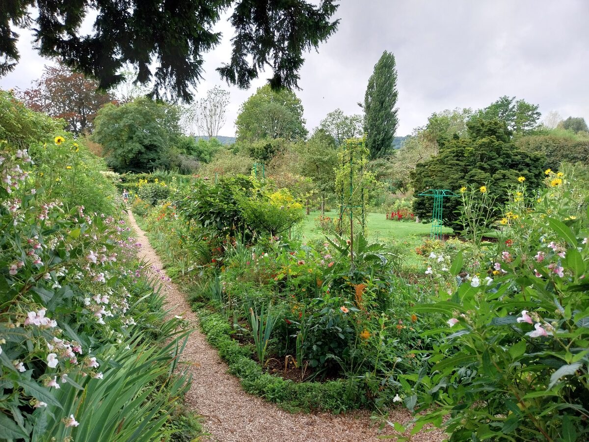 A gravel path between dense flower borders in Monet's garden at Giverny, with the green lawn and trees beyond