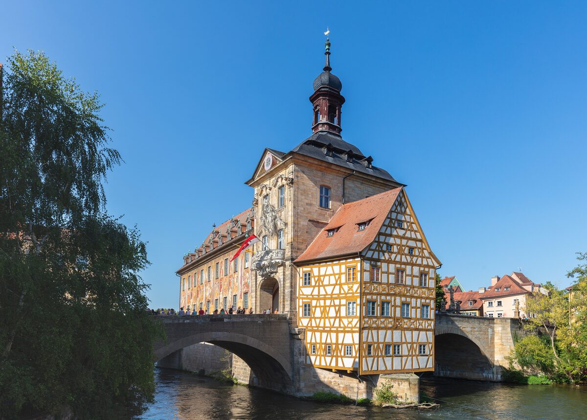 The Altes Rathaus of Bamberg on its island in the river, with its half-timbered side and bridge arch