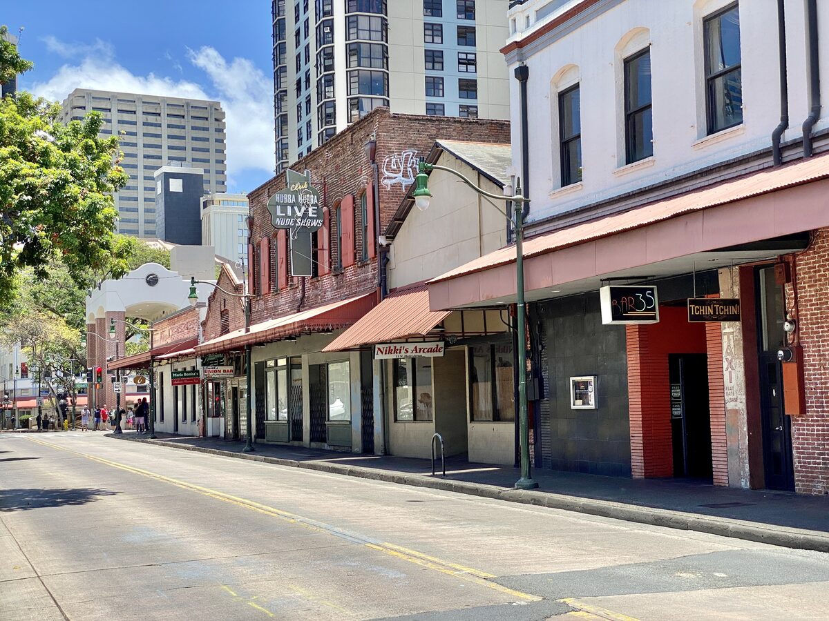 Old brick storefronts along Hotel Street in Honolulu's Chinatown
