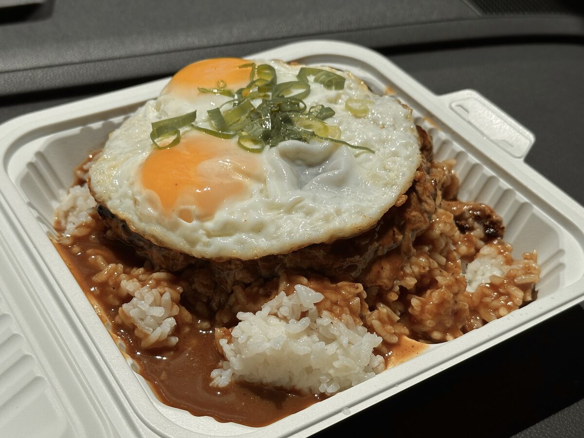 Loco moco: rice, hamburger patty, brown gravy and a fried egg