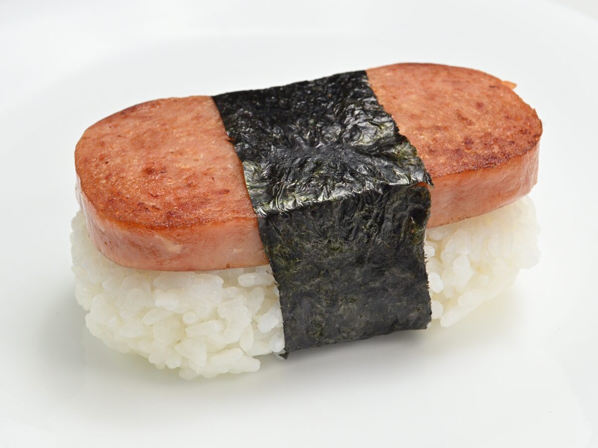 A Spam musubi: a slab of grilled Spam on rice wrapped in nori
