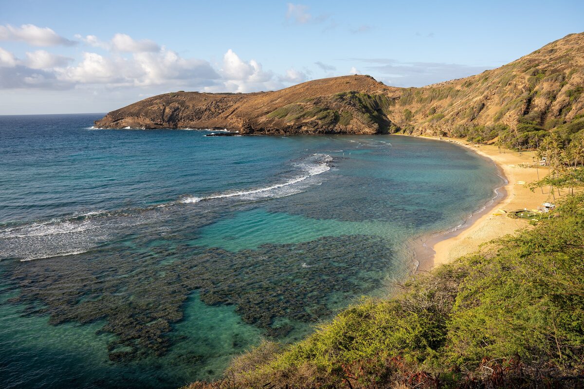 Hanauma Bay's curved beach and turquoise reef seen from the crater rim
