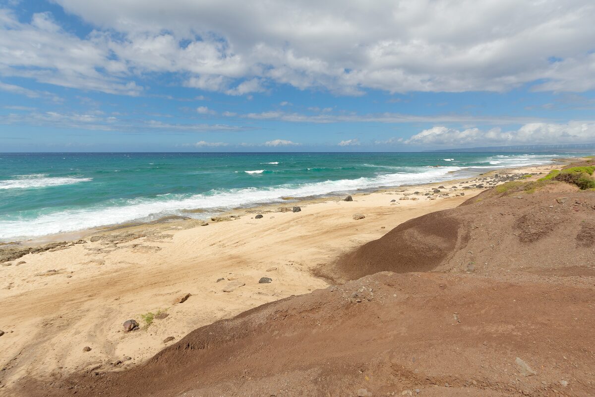Sandy shore and surf at Kaʻena Point with the Waiʻanae mountains behind