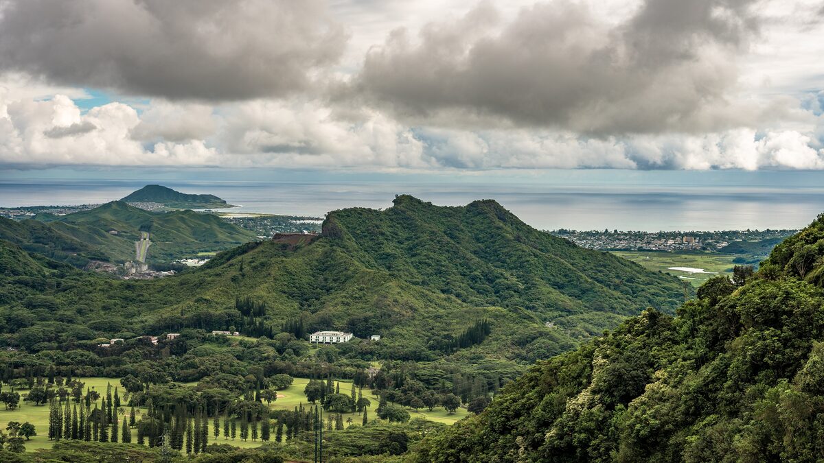 Green Koʻolau cliffs and the Windward coast seen from the Pali lookout