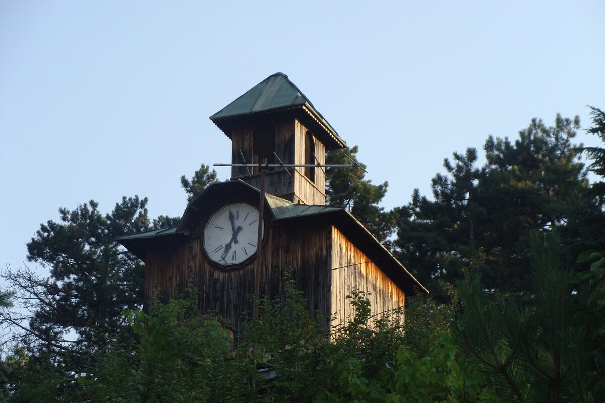 A small clock tower with a clock face among pine trees in Ohrid