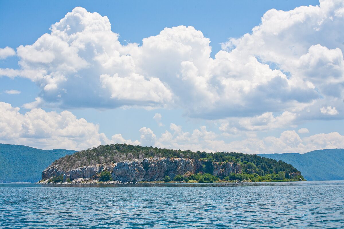 The rocky island of Golem Grad in Lake Prespa, with trees on its top