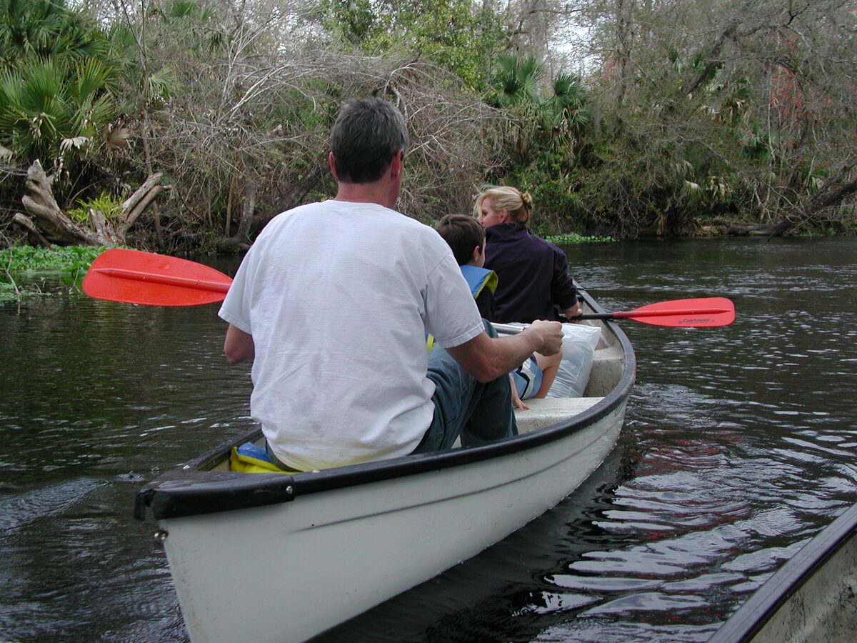 A family in a white canoe with red paddles on the Wekiva River, seen from behind, with overgrown banks ahead