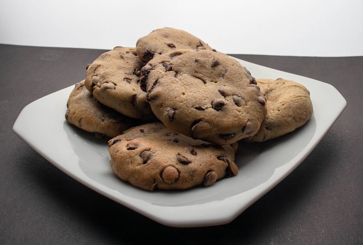 A plate of chocolate chip cookies