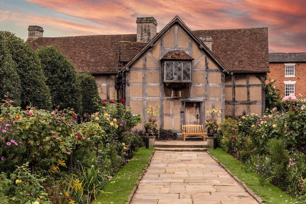 The half-timbered house where Shakespeare was born, seen from its garden in Stratford-upon-Avon