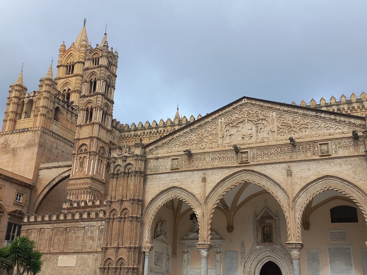 The Gothic porch and corner towers of Palermo Cathedral