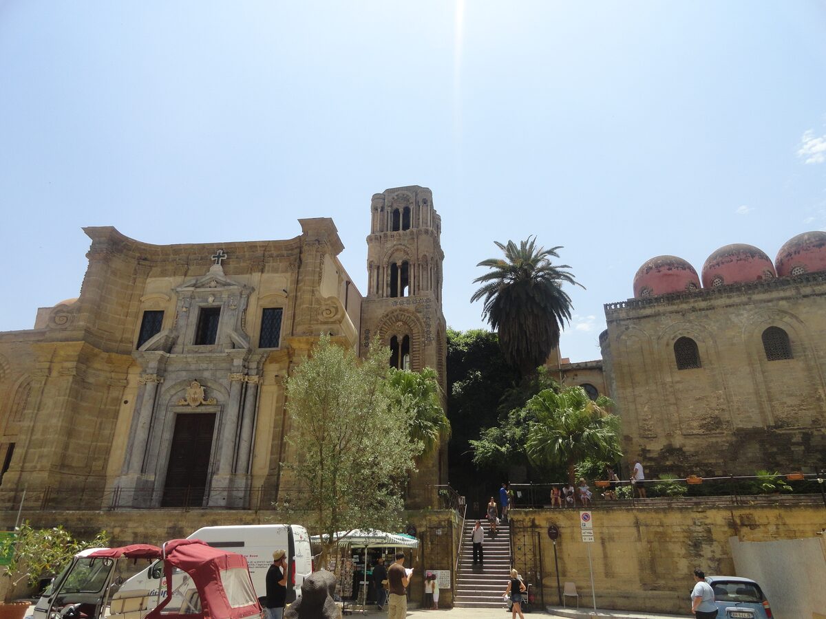La Martorana bell tower, with the red domes of San Cataldo beside it