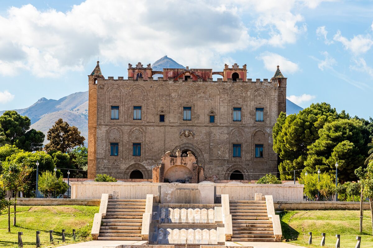 The Zisa, a Norman summer palace with battlements, behind a flight of steps