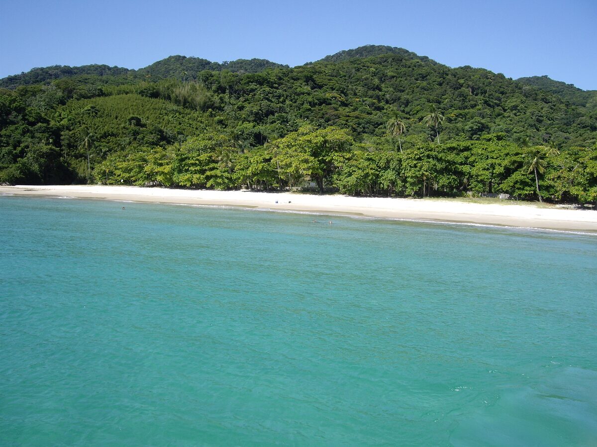 The long white sand of Lopes Mendes on Ilha Grande, with turquoise water and forest behind