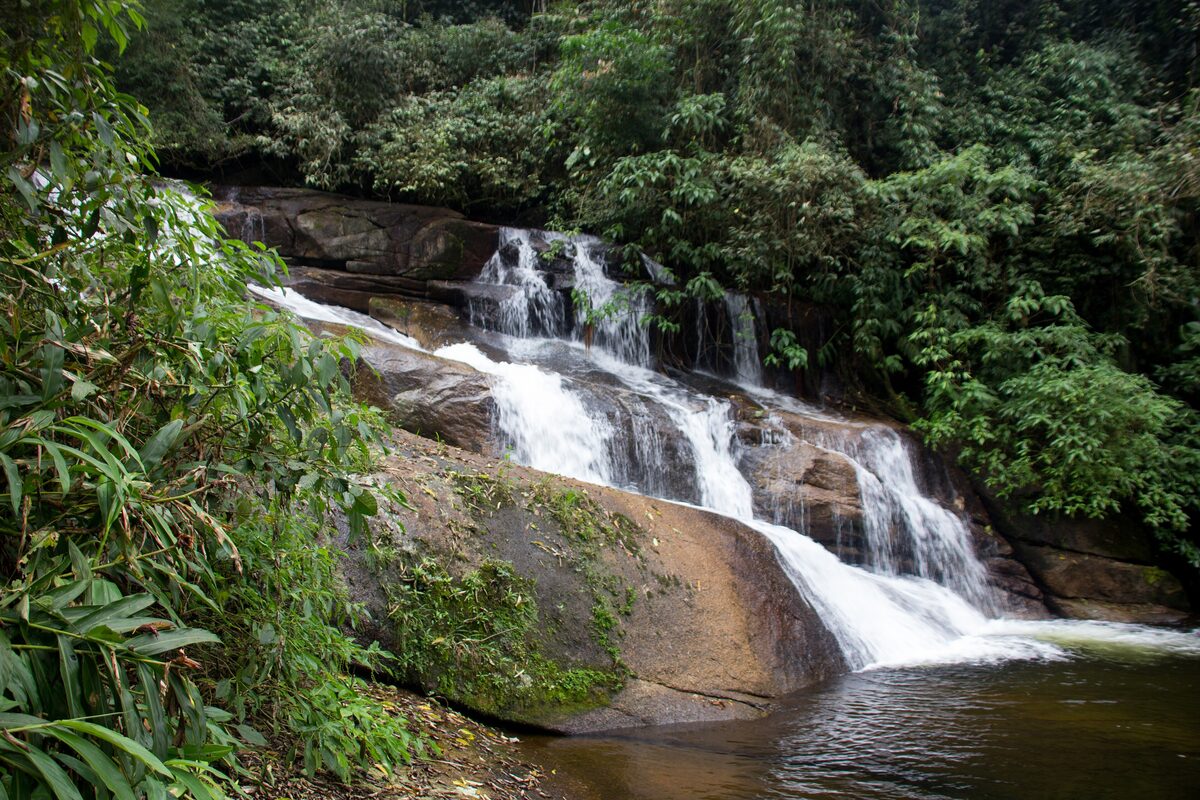 A waterfall tumbling over granite slabs into a pool, in the forest at Pedra Branca near Paraty