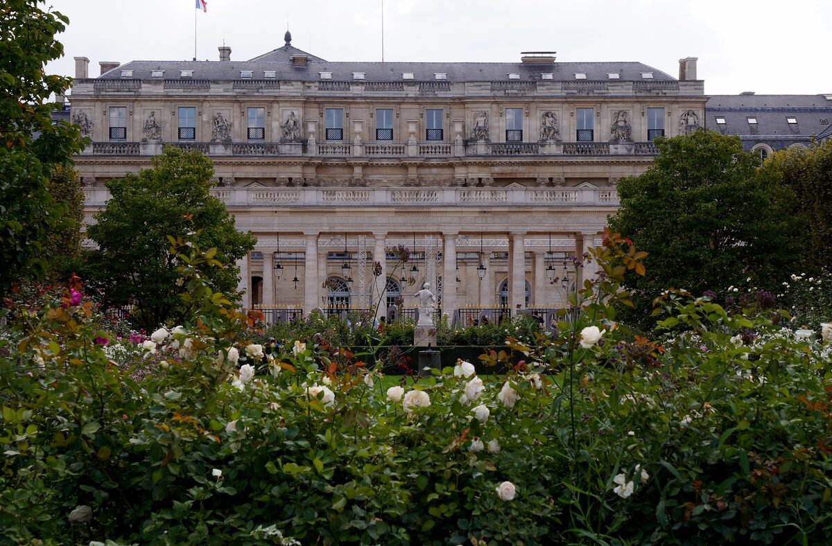 Roses in the garden in front of the Palais-Royal, with its classical facade and trees behind