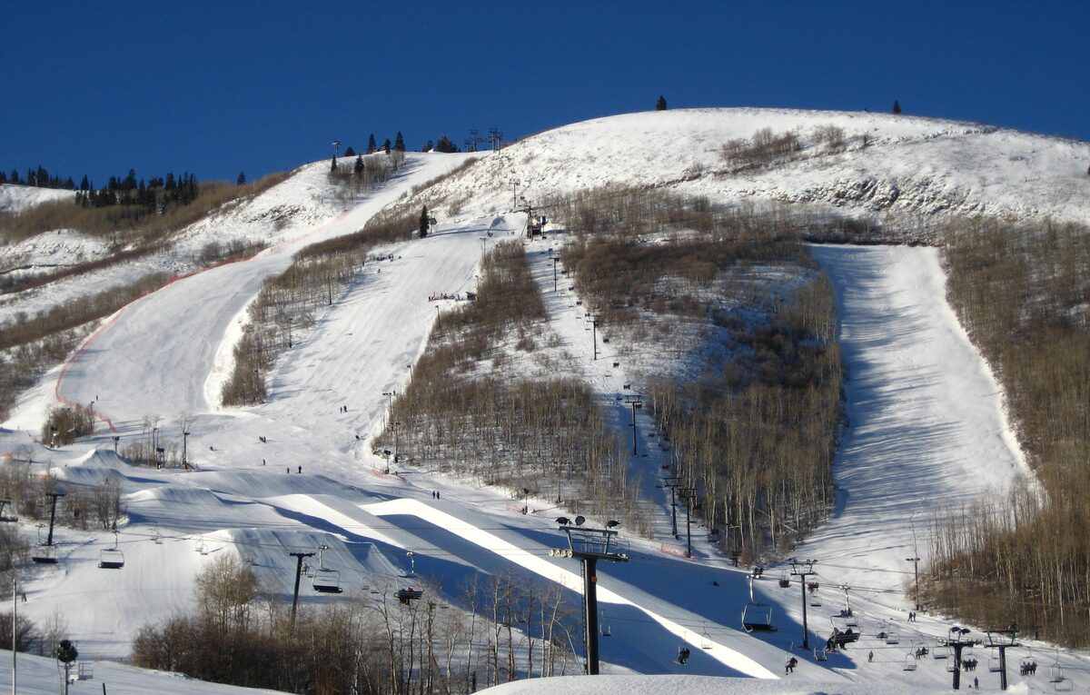 The Eagle Race Arena at Park City Mountain, a snow-covered race hill with a chairlift running up it