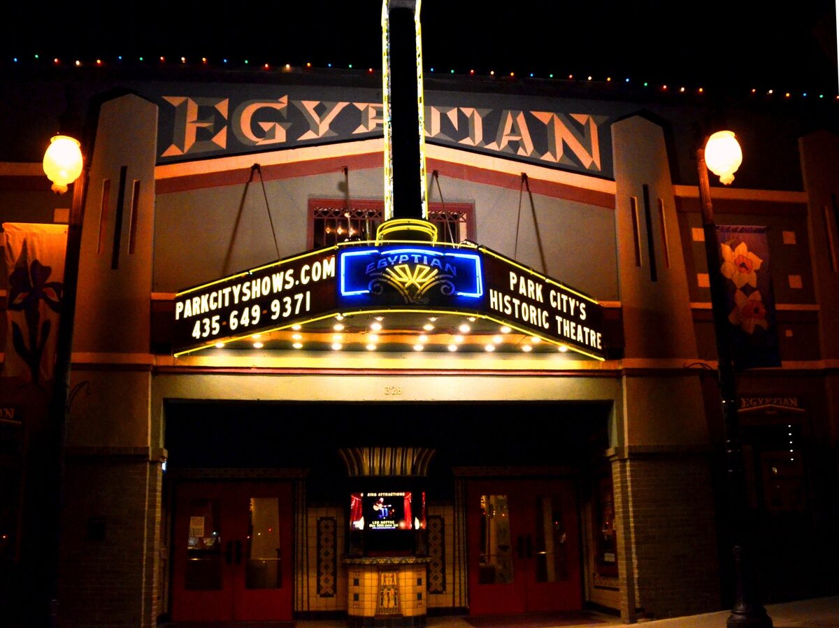 The lit marquee of the Egyptian Theatre on Main Street in Park City at night