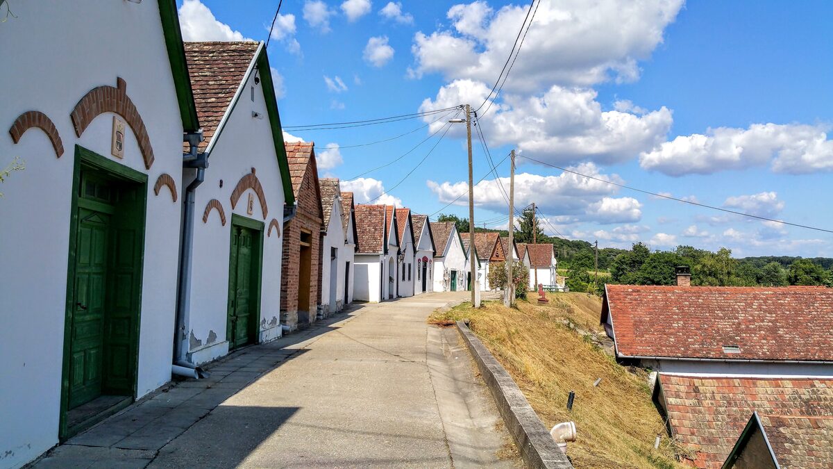 A row of whitewashed press houses with green doors along a lane in Villánykövesd