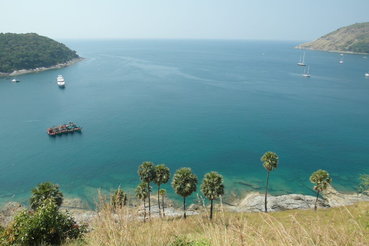 Nai Harn bay seen from the hillside, with anchored boats on the blue water and palm trees in the grass