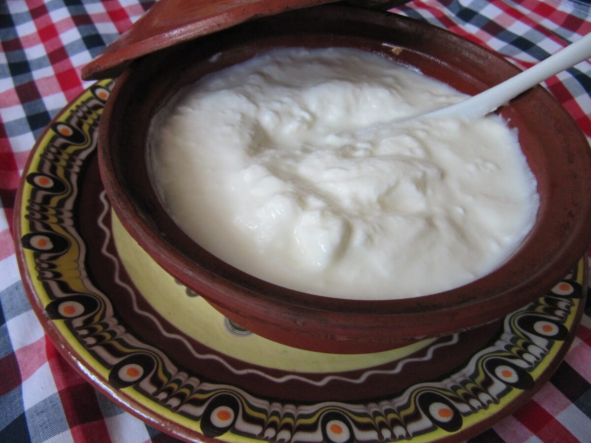 Thick white Bulgarian yogurt in a glazed clay pot with a spoon, set on a painted Troyan-style plate and a checked tablecloth.