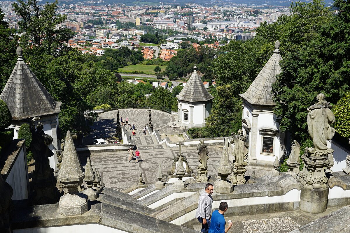 The stairway of the Bom Jesus do Monte sanctuary climbing the hill above Braga, lined with chapels and statues