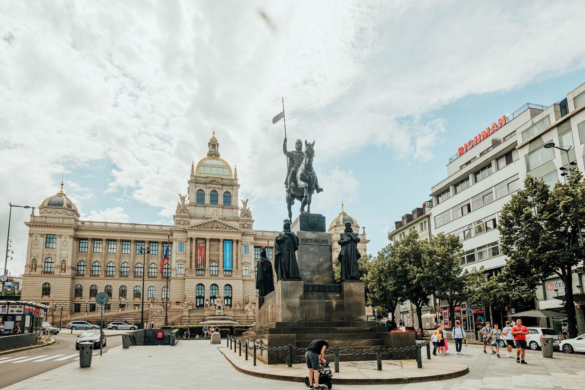 The equestrian statue of St. Wenceslas in front of the National Museum at the top of Wenceslas Square