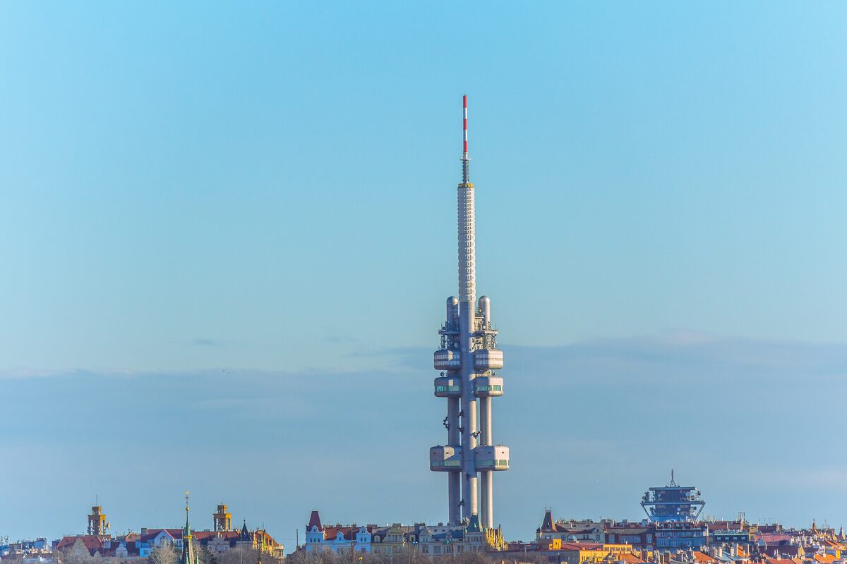 The Zizkov Television Tower rising above the rooftops of Prague