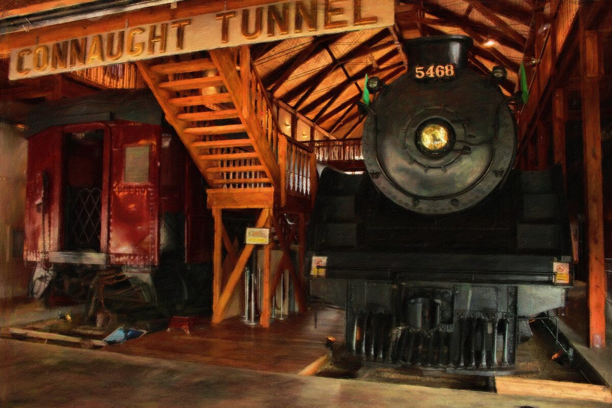 Steam locomotive 5468 inside the Connaught Tunnel exhibit hall