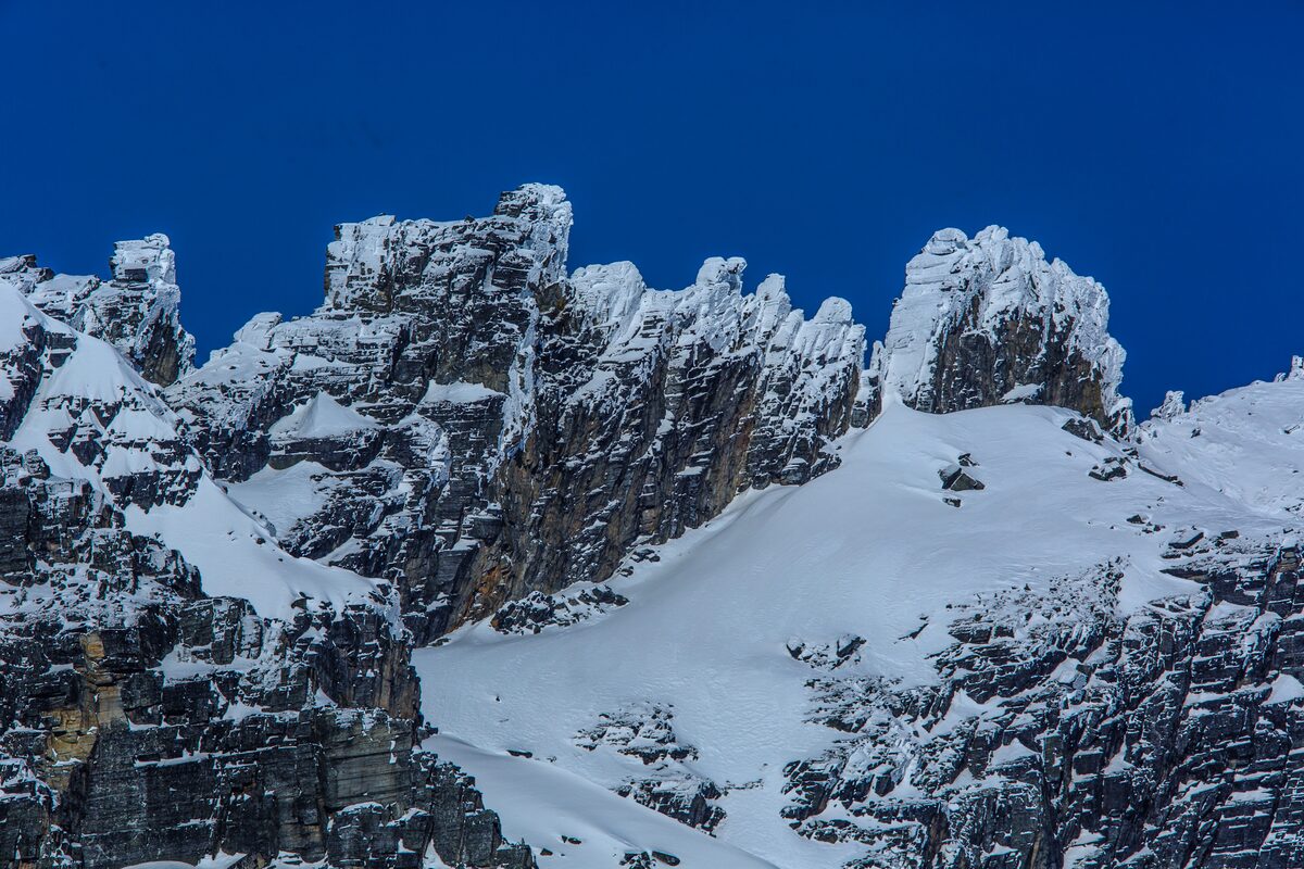Rime-covered rock peaks and fresh snow near Rogers Pass