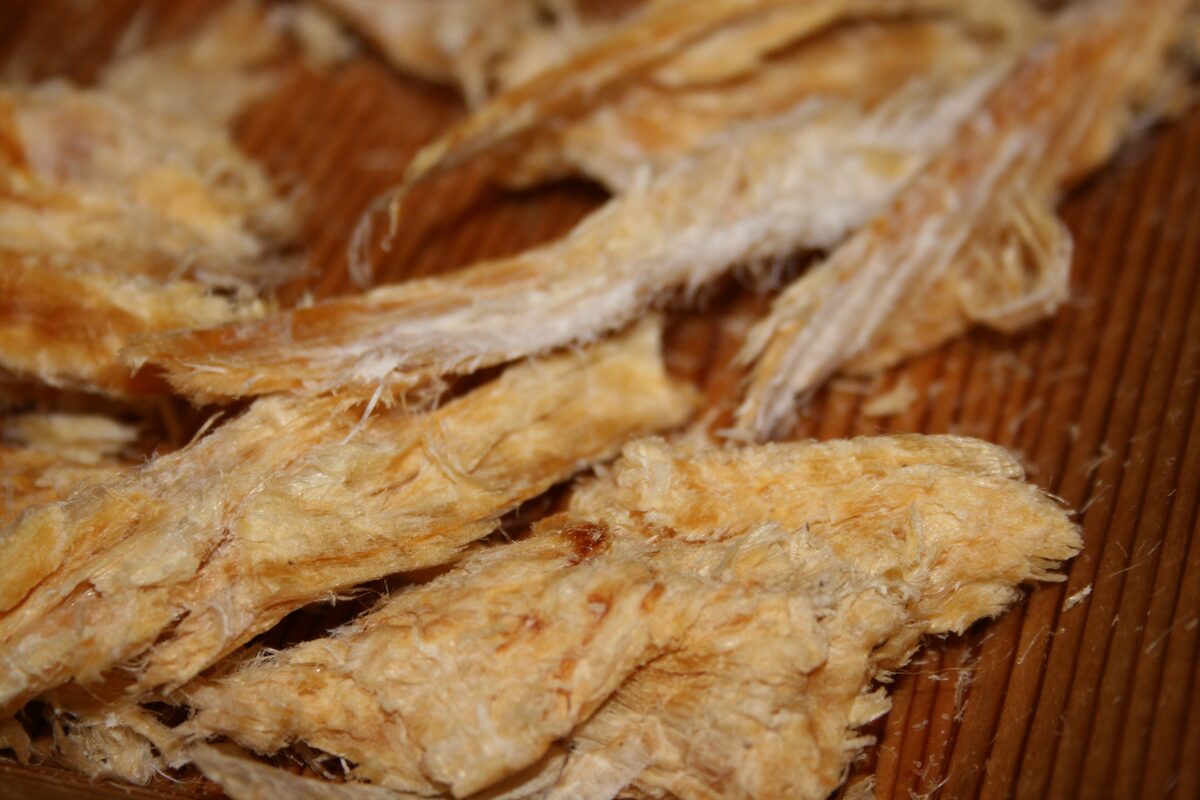 Strips of dried fish (harðfiskur) close up