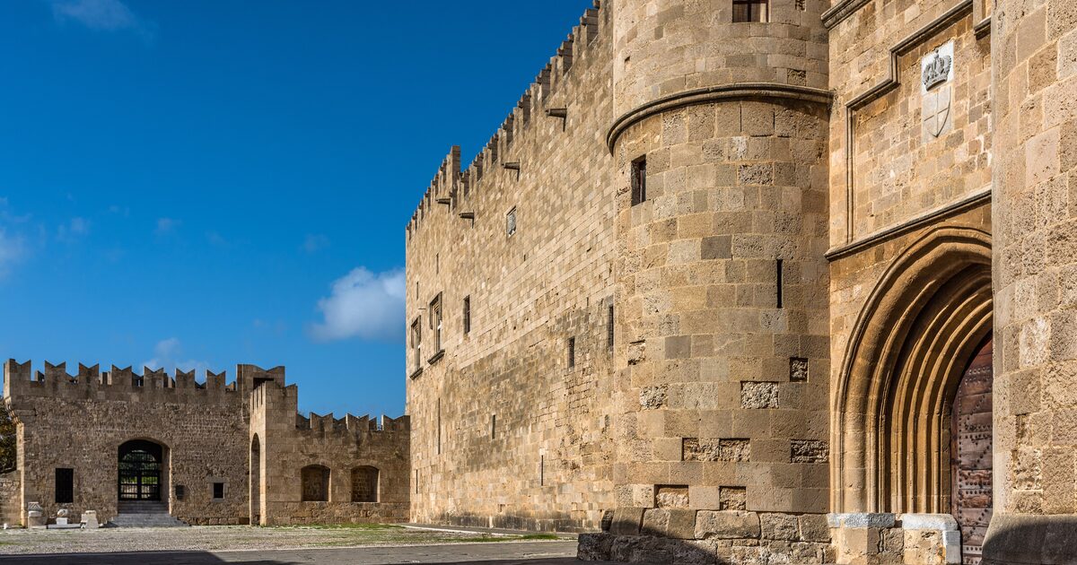 The Palace of the Grand Master and a stretch of the medieval walls in the Old Town of Rhodes