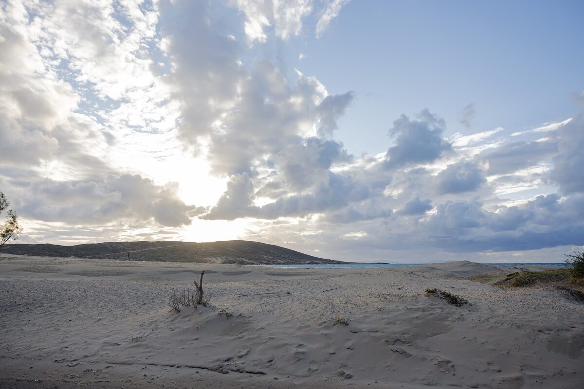 Sand dunes and a cloudy sky at Prasonisi, the southern tip of Rhodes