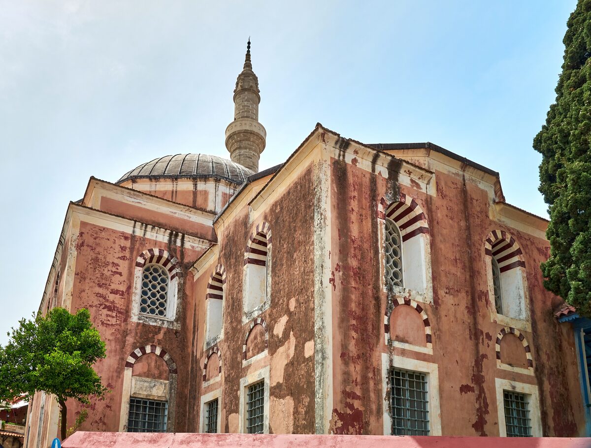 The red-brick Suleymaniye Mosque with its dome and slender minaret rising behind a tree