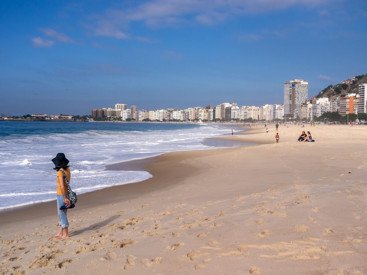 Copacabana beach on a clear day with wide pale sand, blue water and the high-rise line behind