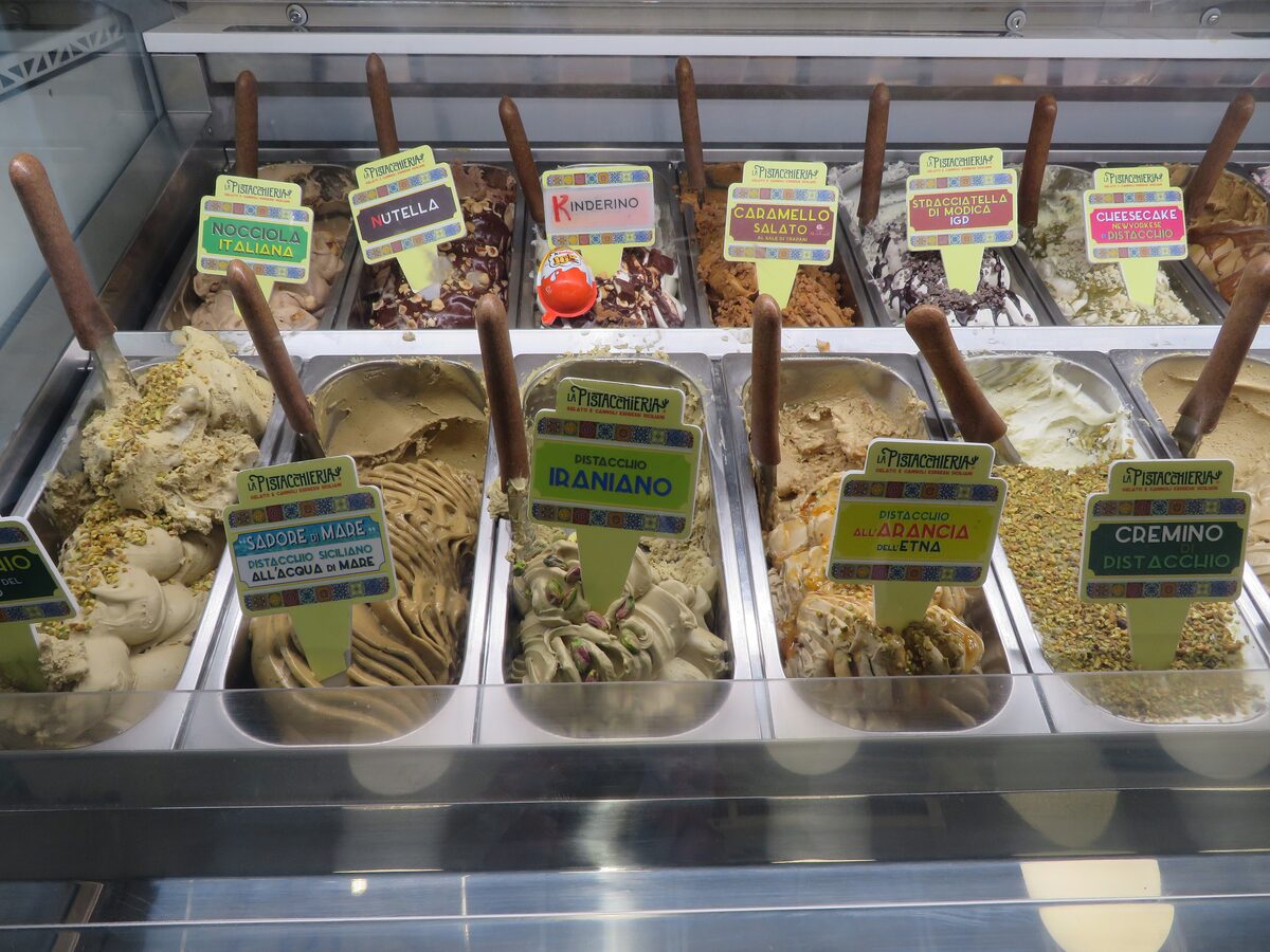 Gelato in flat tins at an Italian shop