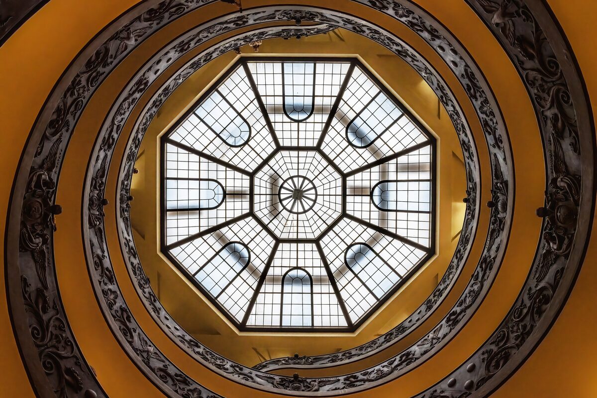 Looking up the Vatican Museums spiral staircase