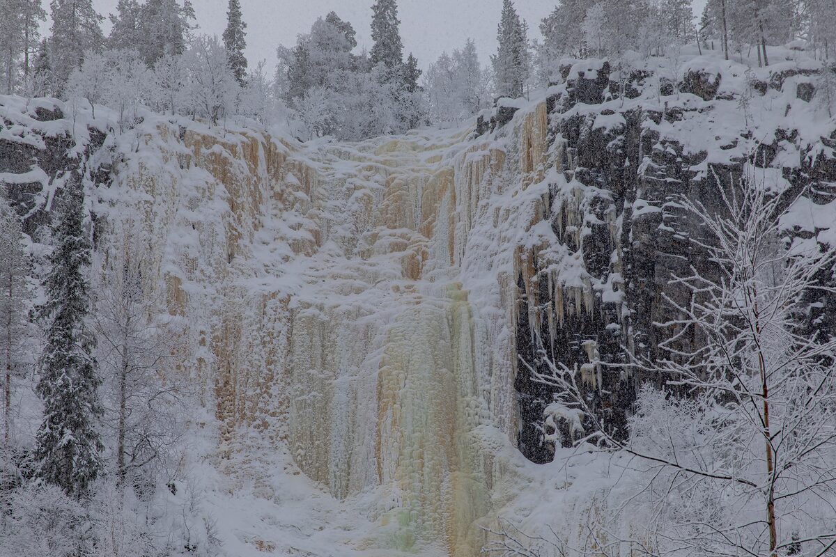 A frozen waterfall turned into a wall of yellow and white ice on a cliff in the snowy Korouoma canyon