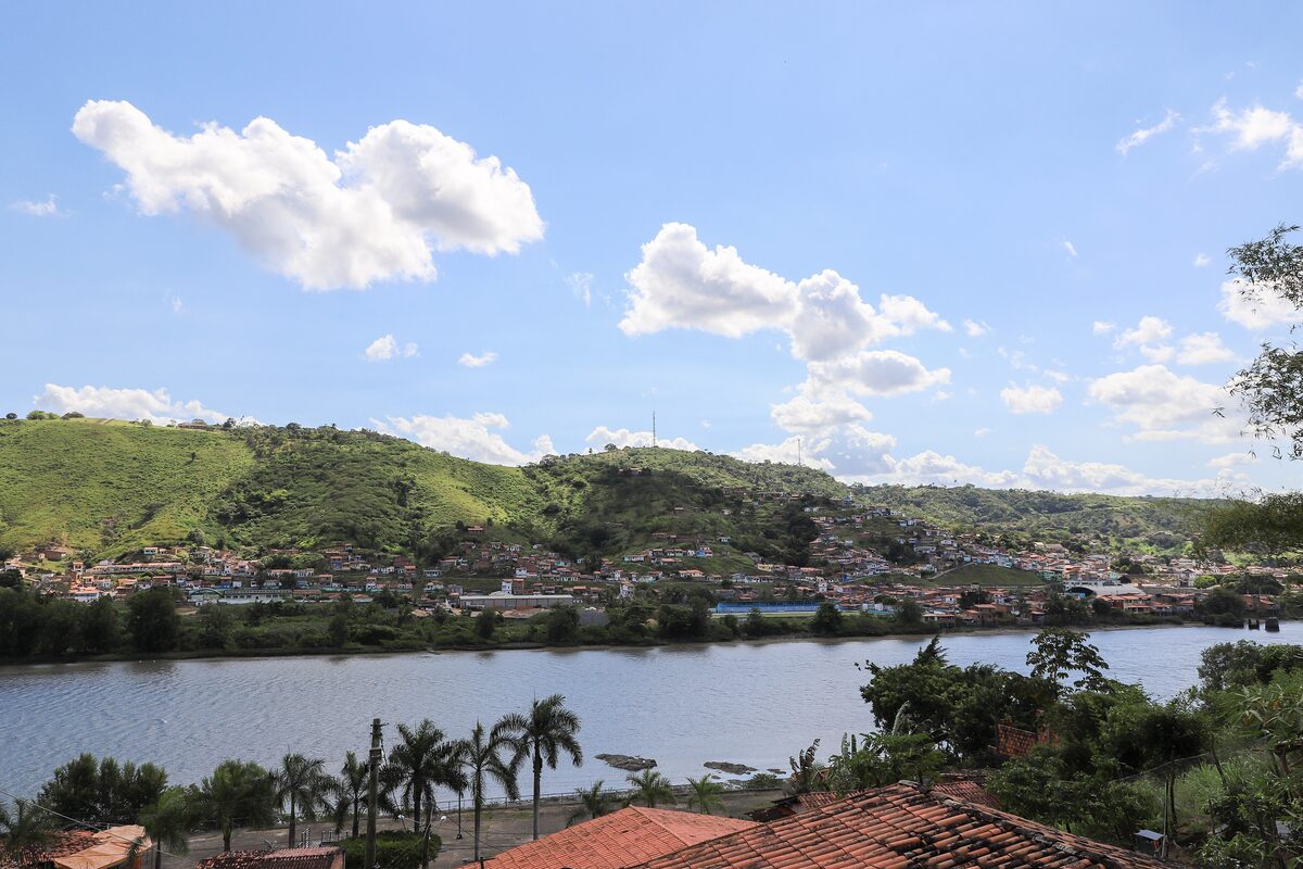 The Paraguaçu river at Cachoeira, with the riverside town on the green hills across the water