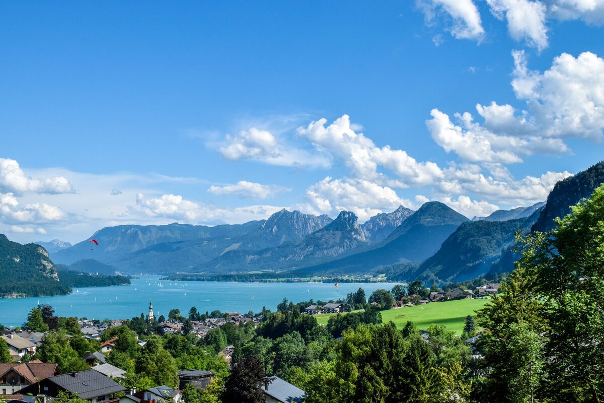 The turquoise Wolfgangsee seen from above the trees, with mountains on both sides