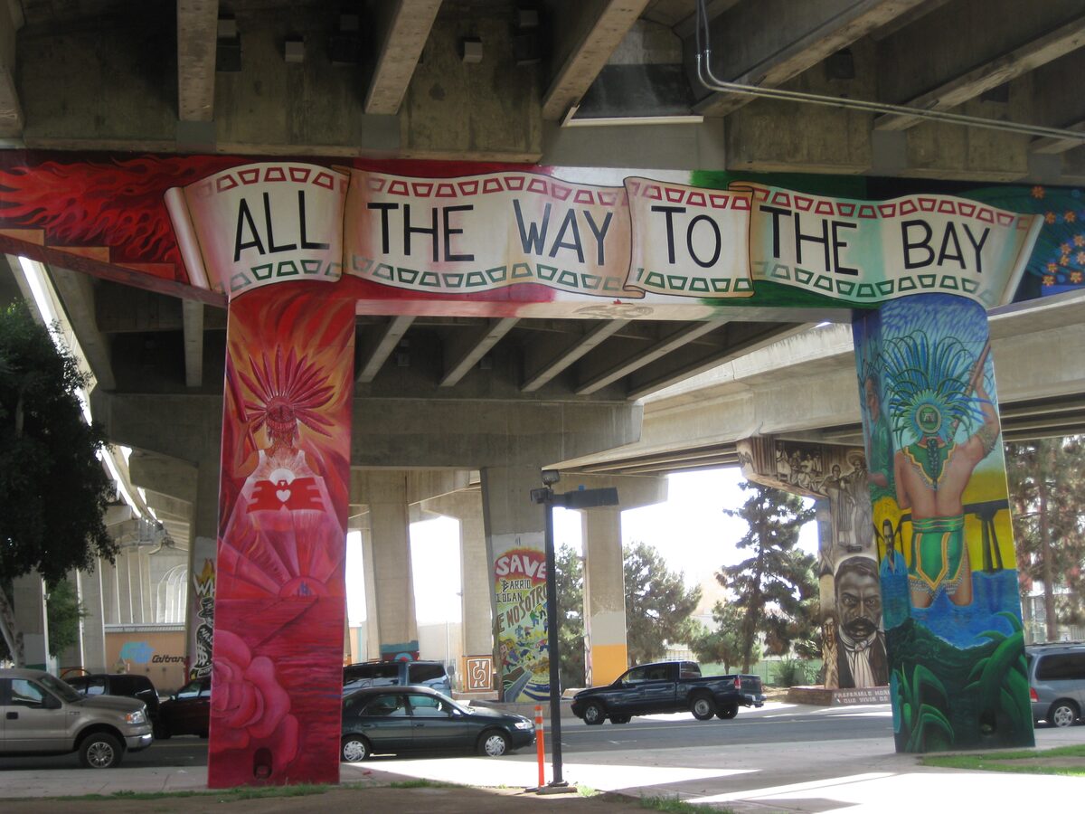 Painted murals on the highway pillars of Chicano Park