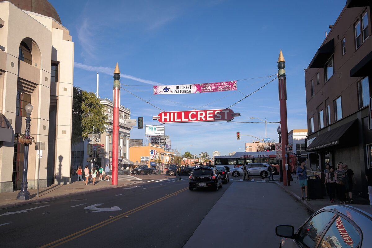The Hillcrest neighborhood sign over University Avenue