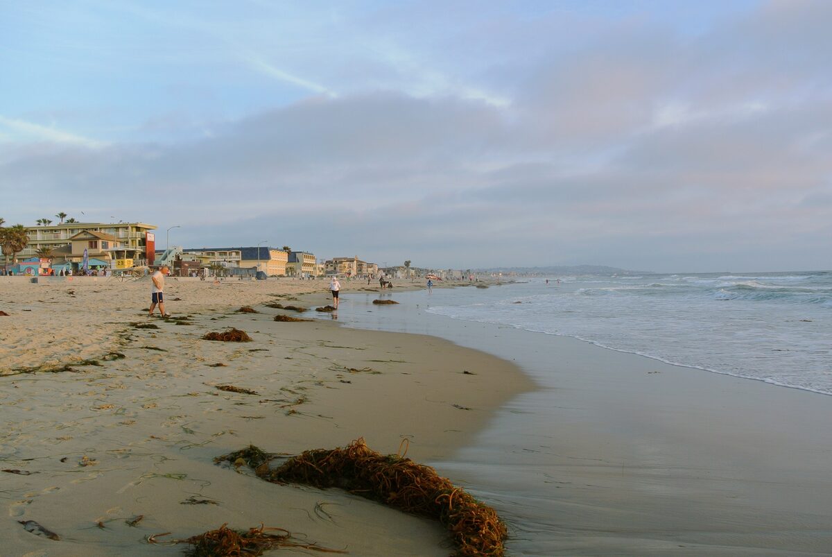The wide sandy beach at Pacific Beach in soft evening light