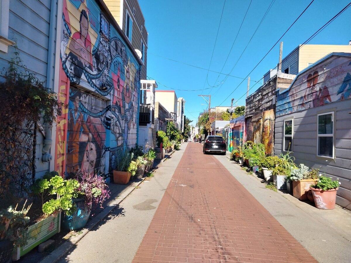 Painted murals on garage doors and fences along Balmy Alley, with potted plants lining the brick lane
