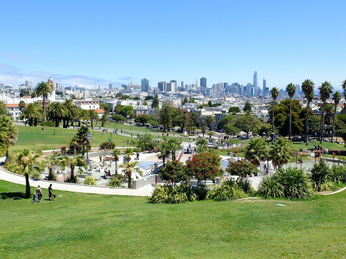 The lawns and palm trees of Dolores Park with the downtown skyline in the distance